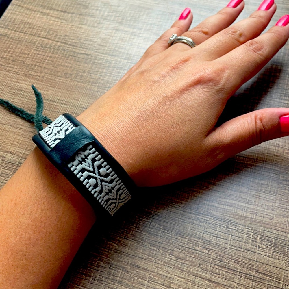 Black Leather Embroidered Bracelet